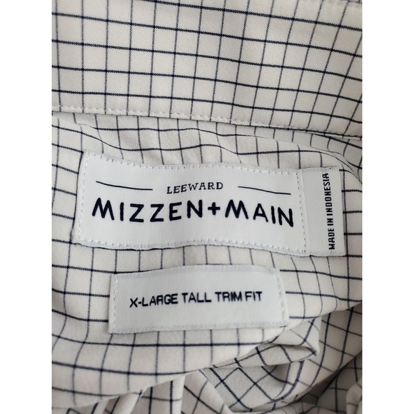 Mizzen Main Leeward Shirt Mens XL Tall Trim Fit Blue White Grid Check Stretch LS - Picture 2 of 11